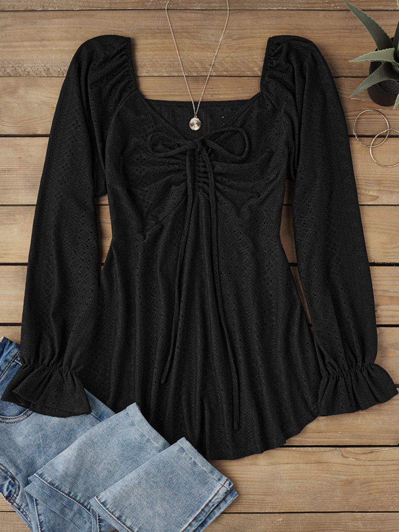 2023, toamnă iarnă, cu cravată cu volan, bluză cu mâneci raglan, femei negre, modă vintage, cu mânecă lungă pentru femei, topuri casual în stil stradal