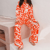 Casual φαρδύ πουκάμισο κοστούμι δύο τεμαχίων γυναικεία ρούχα 2τμχ Σετ μόδας στάμπα Άνοιξη Φθινοπωρινή μακρυμάνικη μπλούζα και γυναικεία ρούχα