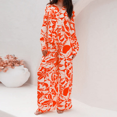 Casual φαρδύ πουκάμισο κοστούμι δύο τεμαχίων γυναικεία ρούχα 2τμχ Σετ μόδας στάμπα Άνοιξη Φθινοπωρινή μακρυμάνικη μπλούζα και γυναικεία ρούχα