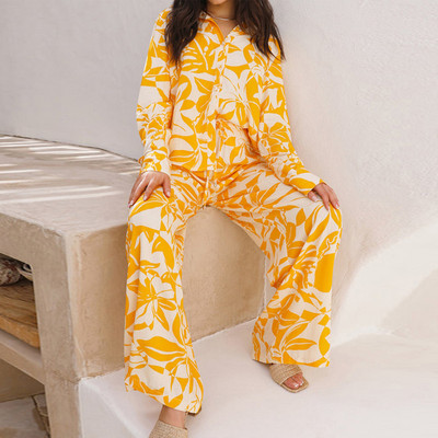 Casual φαρδύ πουκάμισο κοστούμι δύο τεμαχίων γυναικεία ρούχα 2τμχ Σετ μόδας στάμπα Άνοιξη Φθινοπωρινή μακρυμάνικη μπλούζα και γυναικεία ρούχα