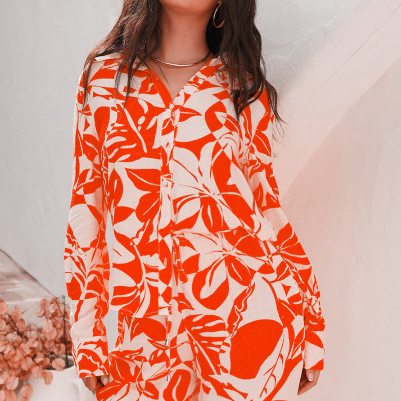 Casual φαρδύ πουκάμισο κοστούμι δύο τεμαχίων γυναικεία ρούχα 2τμχ Σετ μόδας στάμπα Άνοιξη Φθινοπωρινή μακρυμάνικη μπλούζα και γυναικεία ρούχα