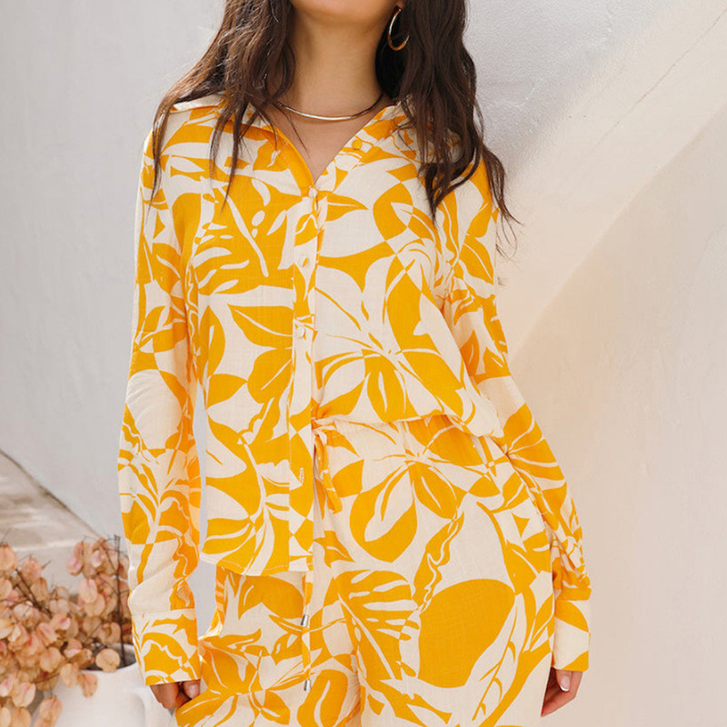 Casual φαρδύ πουκάμισο κοστούμι δύο τεμαχίων γυναικεία ρούχα 2τμχ Σετ μόδας στάμπα Άνοιξη Φθινοπωρινή μακρυμάνικη μπλούζα και γυναικεία ρούχα