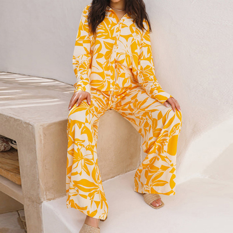 Casual φαρδύ πουκάμισο κοστούμι δύο τεμαχίων γυναικεία ρούχα 2τμχ Σετ μόδας στάμπα Άνοιξη Φθινοπωρινή μακρυμάνικη μπλούζα και γυναικεία ρούχα