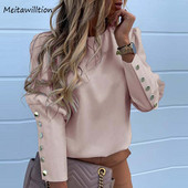 Dámske blúzky s dlhým rukávom a kovovými gombíkmi na chrbte, vintage potlačené kancelárske tričko s výstrihom do O, plus veľkosť