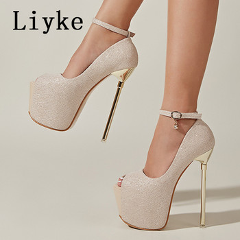Liyke Модни помпи на платформа Дамски сандали тип шпилки Супер секси Дамски обувки с катарама с отворени пръсти Сватбени обувки за събличане