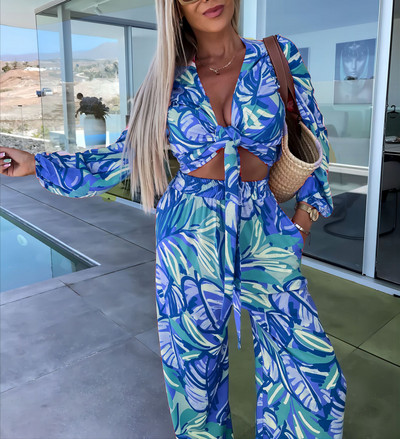 Moda nouă colecție asortată Set de două piese pentru femei de vacanță, pantaloni lați cu talie înaltă boem, set de top cu mâneci lungi imprimați