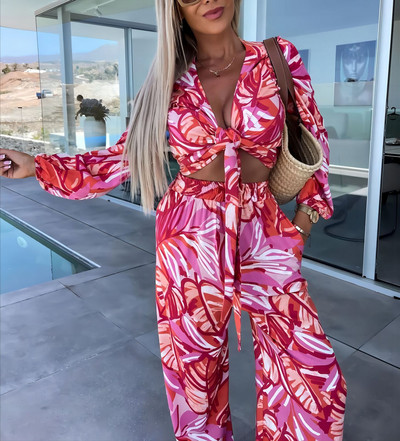 Moda nouă colecție asortată Set de două piese pentru femei de vacanță, pantaloni lați cu talie înaltă boem, set de top cu mâneci lungi imprimați