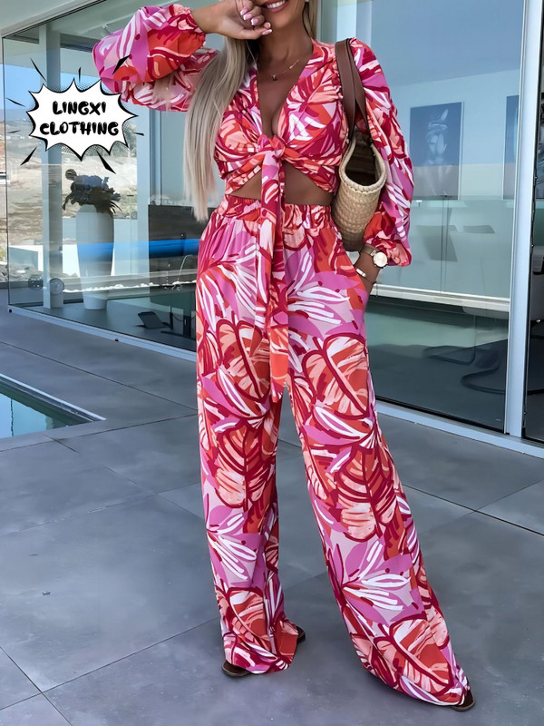 Moda nouă colecție asortată Set de două piese pentru femei de vacanță, pantaloni lați cu talie înaltă boem, set de top cu mâneci lungi imprimați