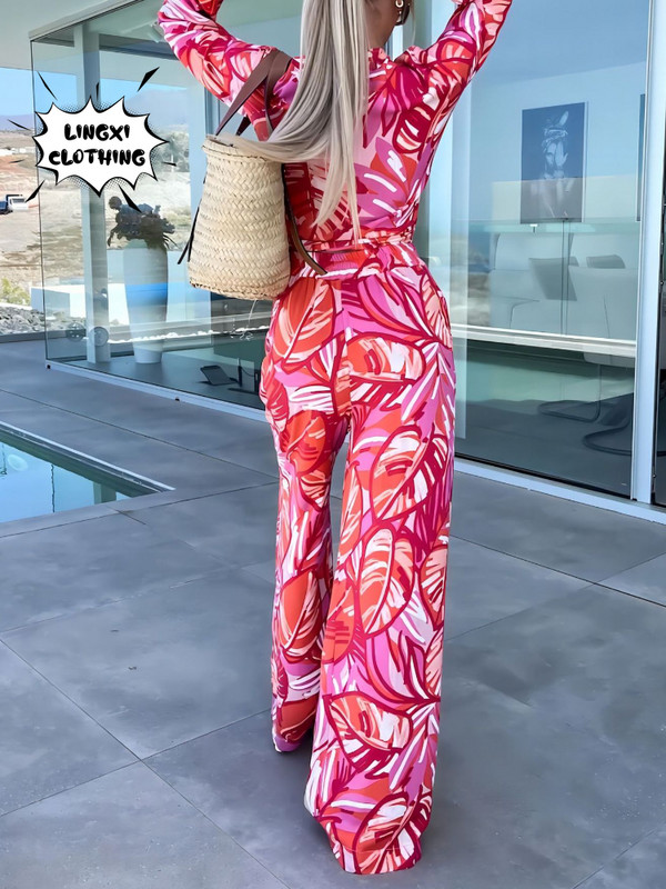 Moda nouă colecție asortată Set de două piese pentru femei de vacanță, pantaloni lați cu talie înaltă boem, set de top cu mâneci lungi imprimați