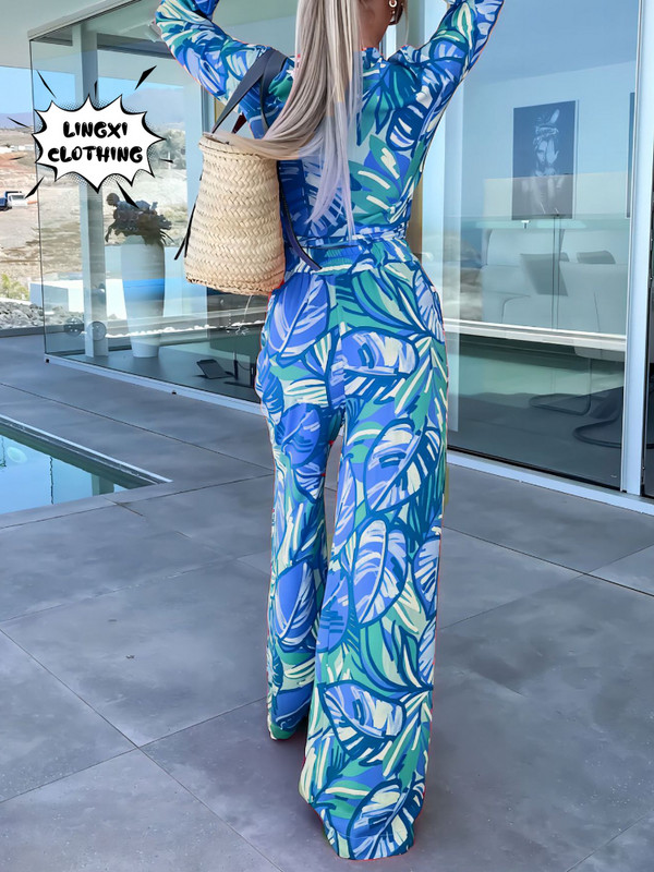 Moda nouă colecție asortată Set de două piese pentru femei de vacanță, pantaloni lați cu talie înaltă boem, set de top cu mâneci lungi imprimați