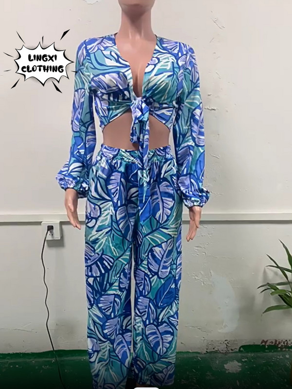 Moda nouă colecție asortată Set de două piese pentru femei de vacanță, pantaloni lați cu talie înaltă boem, set de top cu mâneci lungi imprimați