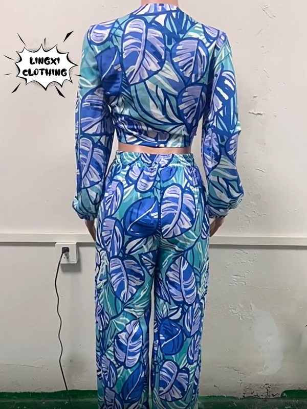 Moda nouă colecție asortată Set de două piese pentru femei de vacanță, pantaloni lați cu talie înaltă boem, set de top cu mâneci lungi imprimați