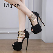 Liyke Sexy Peep Toe Zip 16CM Tocuri Ultra înalte Stripper Pole Dance Pantofi Curea metalică Femei Pompe cu platformă Sandale stiletto de vară