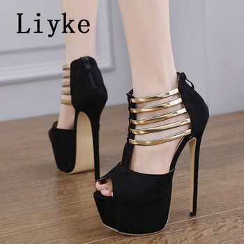 Liyke Секси Peep Toe Zip 16CM Обувки за стриптийзиране на ултра високи токчета Pole Dance Shoes Metal Strap Women Platform Summer Summer Stiletto Sandals