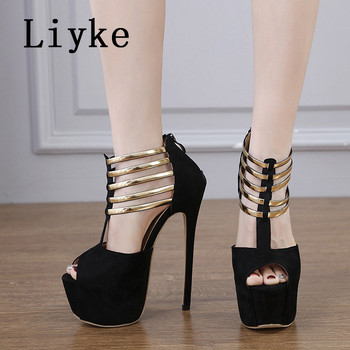 Liyke Секси Peep Toe Zip 16CM Обувки за стриптийзиране на ултра високи токчета Pole Dance Shoes Metal Strap Women Platform Summer Summer Stiletto Sandals