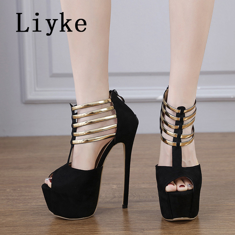 Liyke Sexy Peep Toe Zip 16CM Tocuri Ultra înalte Stripper Pole Dance Pantofi Curea metalică Femei Pompe cu platformă Sandale stiletto de vară