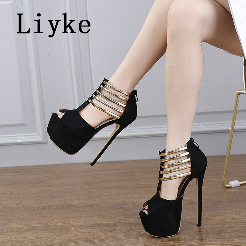 Liyke Sexy Peep Toe Zip 16CM Tocuri Ultra înalte Stripper Pole Dance Pantofi Curea metalică Femei Pompe cu platformă Sandale stiletto de vară