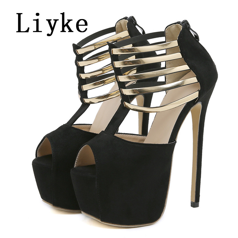 Liyke Sexy Peep Toe Zip 16CM Tocuri Ultra înalte Stripper Pole Dance Pantofi Curea metalică Femei Pompe cu platformă Sandale stiletto de vară