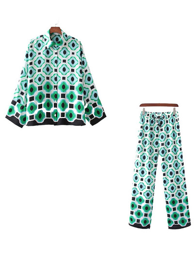 xikom 2021 Summer Women Vintažinis dviejų dalių rinkinys Bohemia Print Laisvi atlapais marškinėliai Elastingi aukštu juosmeniu laisvalaikio kelnių kelnių rinkinys