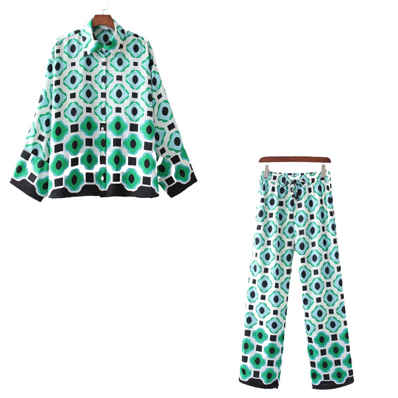 xikom 2021 Summer Women Vintažinis dviejų dalių rinkinys Bohemia Print Laisvi atlapais marškinėliai Elastingi aukštu juosmeniu laisvalaikio kelnių kelnių rinkinys