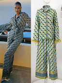 Ženski komplet s printom perja, odijelo, gornje hlače, ravni ženski kompleti od 2 komada, 2023., košulja s dugim rukavima, novi ženski komplet s otvorenim ovratnikom