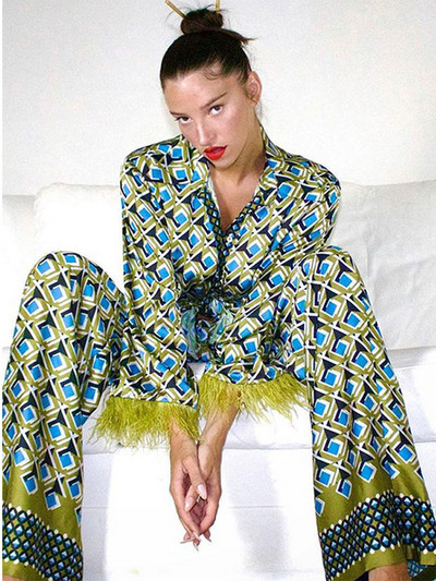 Ženski komplet s printom perja, odijelo, gornje hlače, ravni ženski kompleti od 2 komada, 2023., košulja s dugim rukavima, novi ženski komplet s otvorenim ovratnikom