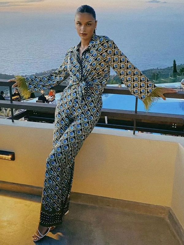 Ženski komplet s printom perja, odijelo, gornje hlače, ravni ženski kompleti od 2 komada, 2023., košulja s dugim rukavima, novi ženski komplet s otvorenim ovratnikom