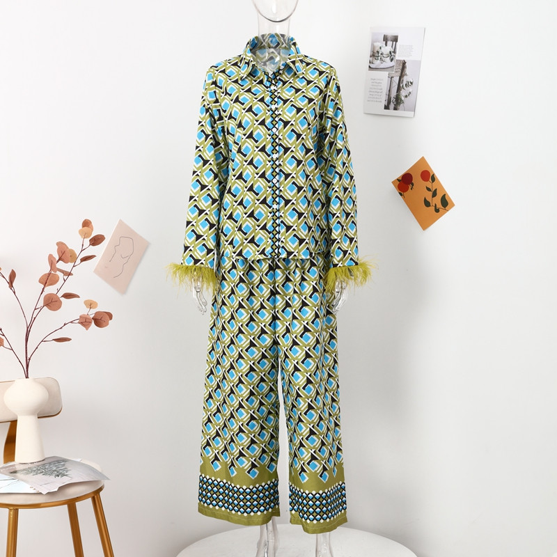 Ženski komplet s printom perja, odijelo, gornje hlače, ravni ženski kompleti od 2 komada, 2023., košulja s dugim rukavima, novi ženski komplet s otvorenim ovratnikom
