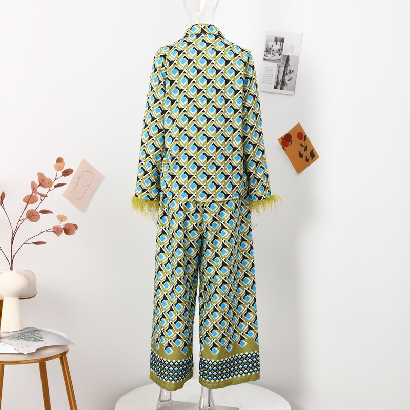 Ženski komplet s printom perja, odijelo, gornje hlače, ravni ženski kompleti od 2 komada, 2023., košulja s dugim rukavima, novi ženski komplet s otvorenim ovratnikom