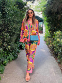 Ženske košulje s printom Komplet hlača Ležerni dugi rukavi s otvorenim ovratnikom Top odijela s hlačama s elastičnim strukom Ljetna ulična odjeća 2022.