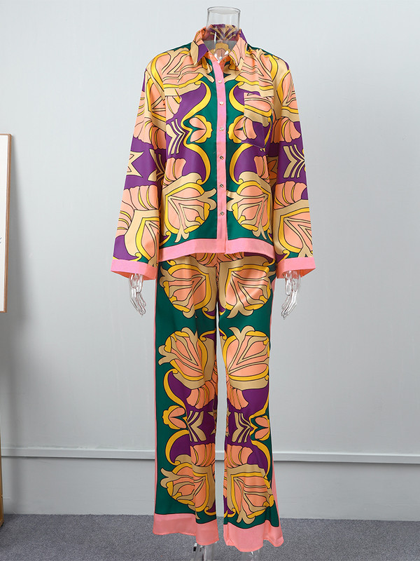 Ženske košulje s printom Komplet hlača Ležerni dugi rukavi s otvorenim ovratnikom Top odijela s hlačama s elastičnim strukom Ljetna ulična odjeća 2022.