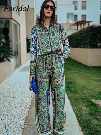 Foridol Casual Button Up Bohemian Paisley Print Vinatge Long Pants Σετ Καλοκαιρινή Άνοιξη Oversize Πράσινη φόρμα πουκάμισα Παντελόνι Σετ