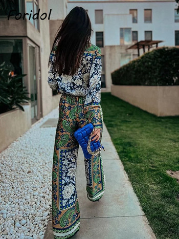 Foridol Casual Button Up Bohemian Paisley Print Vinatge Long Pants Σετ Καλοκαιρινή Άνοιξη Oversize Πράσινη φόρμα πουκάμισα Παντελόνι Σετ