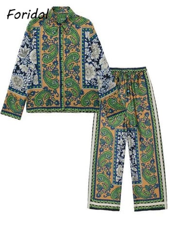 Foridol Casual Button Up Bohemian Paisley Print Vinatge Long Pants Σετ Καλοκαιρινή Άνοιξη Oversize Πράσινη φόρμα πουκάμισα Παντελόνι Σετ