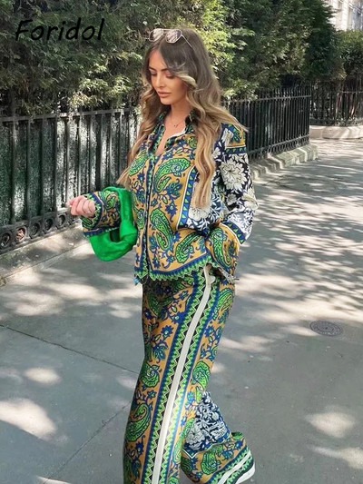 Foridol Casual Button Up Bohemian Paisley Print Vinatge ilgų kelnių rinkiniai Vasaros pavasario oversize žalios spalvos sportinio kostiumo marškiniai kelnių rinkinys