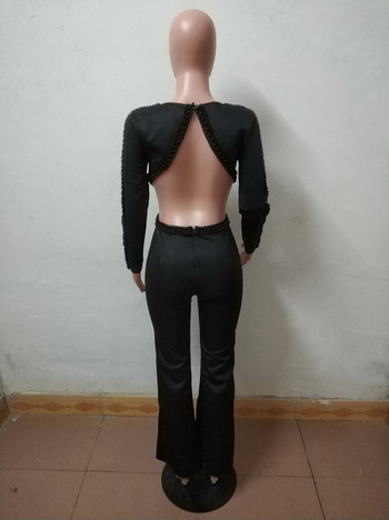 OKAYOASIS Πρόσφατα σέξι γυναικείες μακρυμάνικο λαιμόκοψη μαύρο χωρίς μαύρη ολόσωμη φόρμα Κομψή φόρμα με χάντρες Club Jumpsuits Rompers
