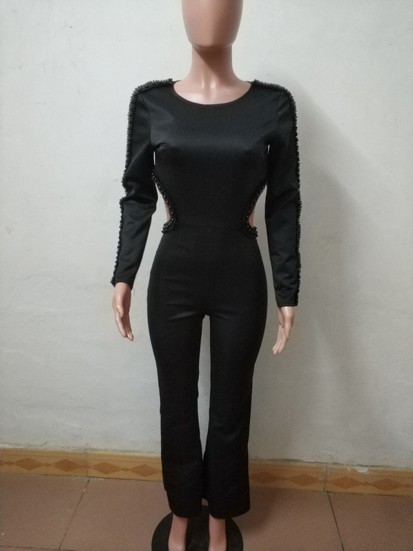 OKAYOASIS Novoseksi ženski kombinezon s okruglim izrezom i dugim rukavima, crni bez crnog kroja Elegantni kombinezoni s perlama Klubski kombinezoni Hlače