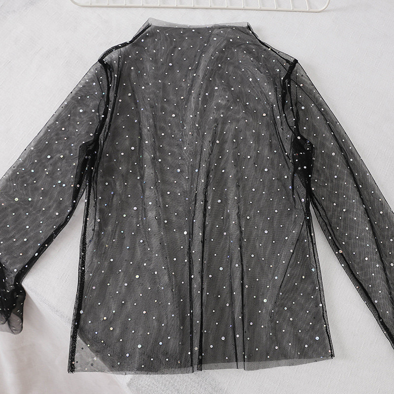 Jesenný dámsky pulóver s výstrihom do O-krku 2021, základná elegantná košeľa s elastickým pásom, flitrovaná sieťovina, voál, volániky, čipkovaná blúzka