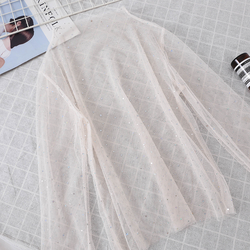 Jesenný dámsky pulóver s výstrihom do O-krku 2021, základná elegantná košeľa s elastickým pásom, flitrovaná sieťovina, voál, volániky, čipkovaná blúzka