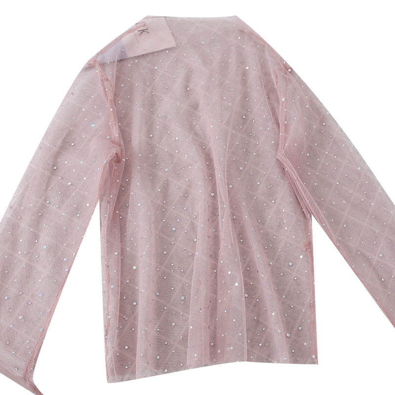 Jesenný dámsky pulóver s výstrihom do O-krku 2021, základná elegantná košeľa s elastickým pásom, flitrovaná sieťovina, voál, volániky, čipkovaná blúzka