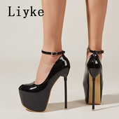 Liyke Proljeće Jesen Ženske cipele s platformom Crne okrugle remenčić s kopčom 17 cm Super visoke pete Cipele za ples na šipci Stiletto Mujer