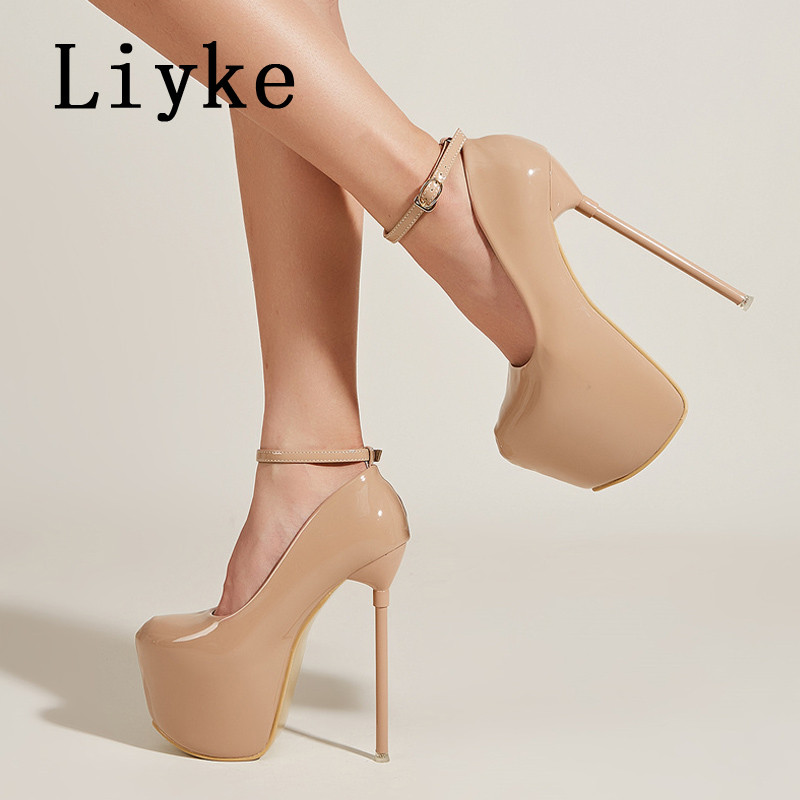 Liyke Proljeće Jesen Ženske cipele s platformom Crne okrugle remenčić s kopčom 17 cm Super visoke pete Cipele za ples na šipci Stiletto Mujer
