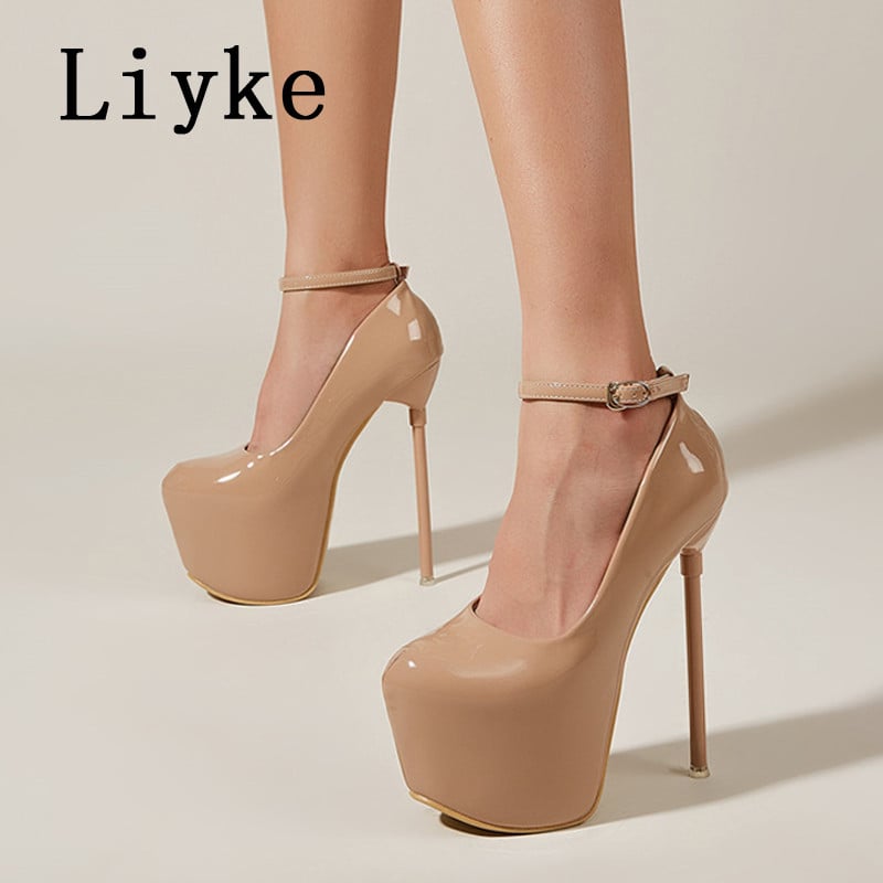 Liyke Proljeće Jesen Ženske cipele s platformom Crne okrugle remenčić s kopčom 17 cm Super visoke pete Cipele za ples na šipci Stiletto Mujer