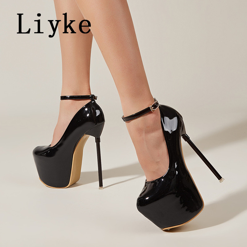 Liyke Proljeće Jesen Ženske cipele s platformom Crne okrugle remenčić s kopčom 17 cm Super visoke pete Cipele za ples na šipci Stiletto Mujer