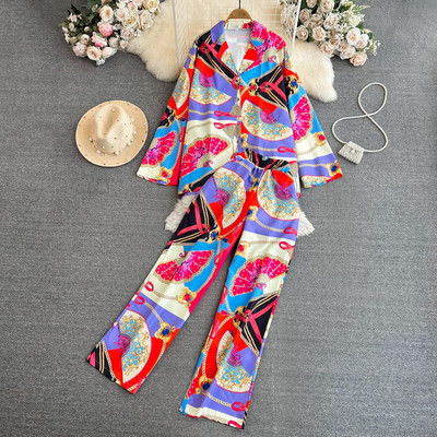 Trening pentru femei, cu imprimeu floral, elegant, de epocă, cămăși lejere, topuri și pantaloni, set de 2 piese pentru femei, pentru petrecere pe plajă, nou