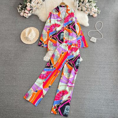 Trening pentru femei, cu imprimeu floral, elegant, de epocă, cămăși lejere, topuri și pantaloni, set de 2 piese pentru femei, pentru petrecere pe plajă, nou