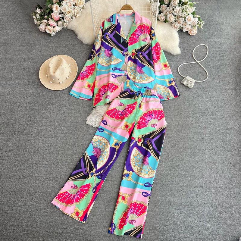 Trening pentru femei, cu imprimeu floral, elegant, de epocă, cămăși lejere, topuri și pantaloni, set de 2 piese pentru femei, pentru petrecere pe plajă, nou