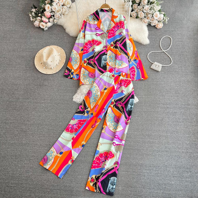 Trening pentru femei, cu imprimeu floral, elegant, de epocă, cămăși lejere, topuri și pantaloni, set de 2 piese pentru femei, pentru petrecere pe plajă, nou