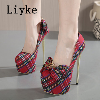Liyke 2023, нови модни дамски помпи с панделка, червен деним, кръгли пръсти, 16,5 см, супер високи токчета, обувки за танц на пилон Stiletto Mujer