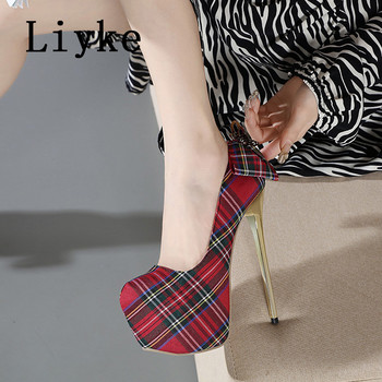 Liyke 2023, нови модни дамски помпи с панделка, червен деним, кръгли пръсти, 16,5 см, супер високи токчета, обувки за танц на пилон Stiletto Mujer